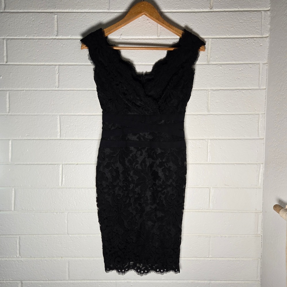 Tadashi Shoji Black Lace Sheath Dress 2 Cocktail Evening Midi Event Wedding Goth